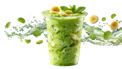 Vibrant green smoothie in a clear cup, with banana slices and mint leaves, surrounded by splashes and droplets