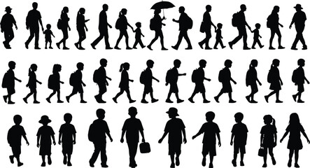 Silhouettes of Families and Children Walking Together, Parent and Child Bonding, Active Family Lifestyle, Outdoor Exploration Illustration