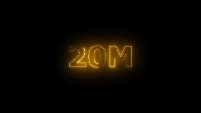Neon 20M Animated Text.Glowing Neon 29M Countdown Animation .Bright Motion Typography for Timers, Events, and Digital Media Projects