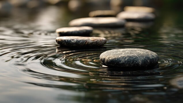 Smooth stones form a pathway across calm water, ripples spreading outward