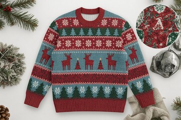 Festive reindeer sweater design, studio shot, Christmas decor background, online shop
