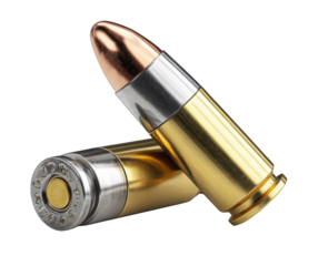 Two handgun cartridges angled on white background