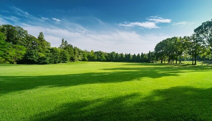 Obraz premium green grass lawn with lush trees in the background providing a serene nature backdrop perfect for copyspace serene tranquil