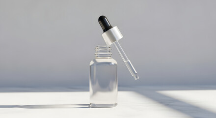 Clear Glass Dropper Bottle with Liquid Drop on White Surface Modern Product Photography