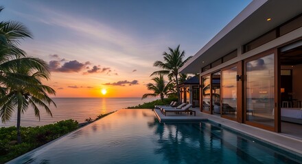 Fototapeta premium Idyllic tropical villa with infinity pool and ocean sunset view