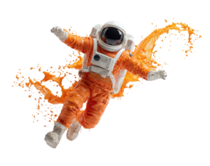 Orange spacesuit in mid-air, surrounded by swirling orange liquid