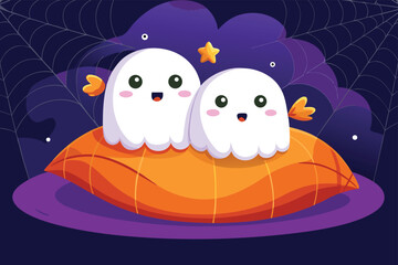 Naklejka premium Adorable Halloween Ghosts on a Pillow with Stars and Spiderwebs Perfect for Children s Illustrations and Holiday Themed