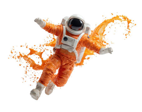 Orange spacesuit in mid-air, surrounded by swirling orange liquid