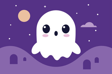 Fototapeta premium Cute Cartoon Ghost Floating in a Spooky Night Scene with Moon Stars and Hills for Halloween or Children