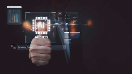 Businessman using futuristic AI agents interface with virtual command prompt, managing data and analytics on holographic screen. Concept of artificial intelligence and business innovation.