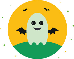 Naklejka premium Cute Halloween Ghost with Bats in Front of a Yellow Moon and Green Hill Perfect for Holiday Greetings