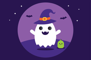 Fototapeta premium Cute Halloween Ghost Wearing a Witch Hat with Bats and a Pumpkin on a Purple Background for Spooky