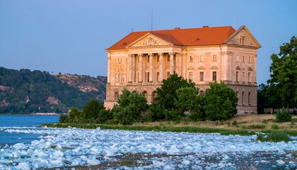 Obraz premium Historic manor house by river at sunset