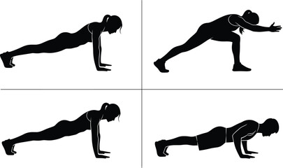 Silhouettes of People Performing Push-Ups and Yoga Stretches, Fitness and Exercise Illustration for Health and Wellness ConceptsSilhouettes of People Concepts
