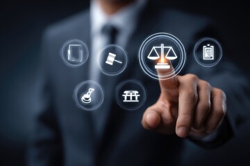 Businessman's finger interacts with digital legal icons