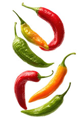 Vibrant chili peppers in various colors, arranged vertically