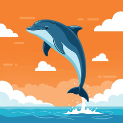 Illustration of a dolphin jumping out of the ocean against an orange sky with clouds.