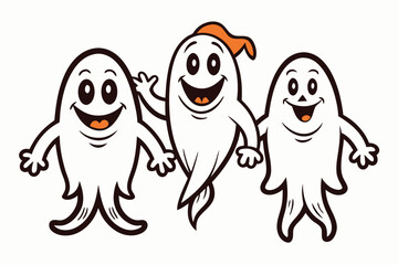 Obraz premium Three Cheerful Cartoon Ghosts Celebrating Halloween Together with Big Smiles and Friendly Gestures Isolated on White Background for