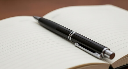 A black pen resting on an open notebook page near
