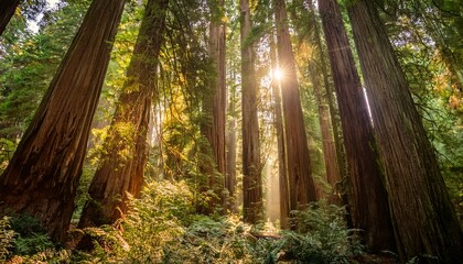 warm sunlight penetrating dense redwood forest canopy casting dappled light and creating serene atmosphere with towering ancient trees filtering natural illumination through verdant branches