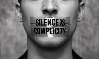 Black and white close-up of person with tape over mouth reading silence is complicity