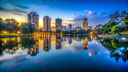 Fototapeta premium A Tranquil Lake in a Large City Park at Blue Hour Dusk with Reflections on the Water