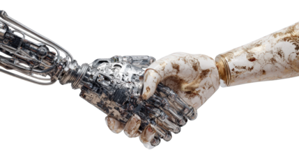 Two metallic robotic arms shaking hands