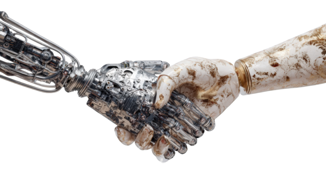 Two metallic robotic arms shaking hands