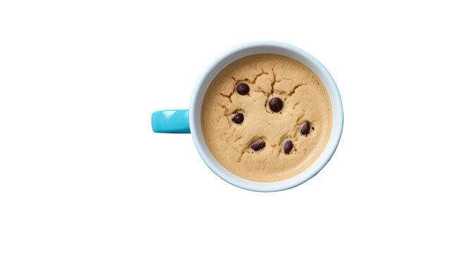 Blue cup of coffee with cookie face smile and chocolate chips isolated on white background