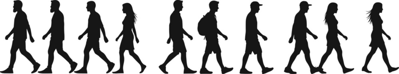 Silhouettes of People Walking in Different Styles, Casual Clothing, Active Movement, Group of Individuals Walking Illustration