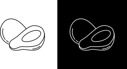 Two avocados, one whole and one cut in half, depicted as a simple line drawing against contrasting backgrounds.
