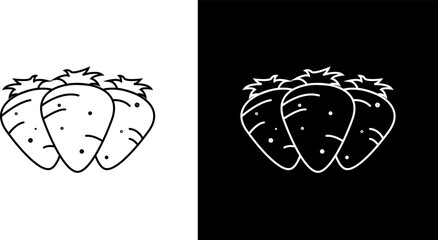 Three stylized strawberry are presented in a line art illustration, contrasted against both a white and a black background.