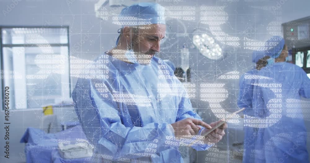 Poster surgeon picking tablet in or, scrolling data as team adjusting monitor, data overlay intensifying