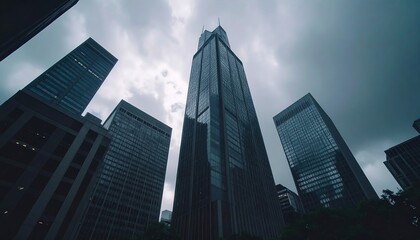 Low-angle view of modern skyscrapers against a dramatic sky