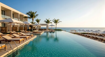 Luxury resort infinity pool overlooking the ocean at sunset with palm trees
