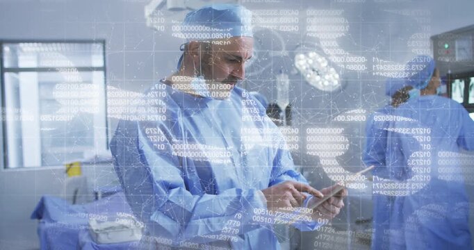 Surgeon picking tablet in OR, scrolling data as team adjusting monitor, data overlay intensifying
