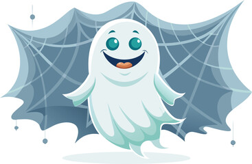 Cute Cartoon Ghost with a Smiling Face Floating in Front of a Spiderweb for Halloween Celebration and Decoration