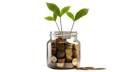 Glass jar filled with coins and green plant sprouting symbolizing savings investment and financial growth isolated on white background
