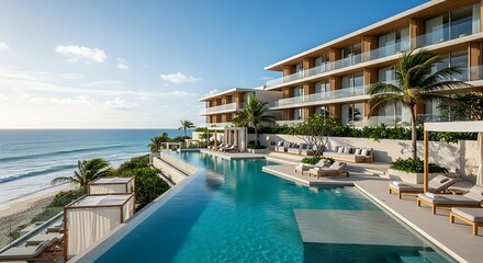 Modern resort with infinity pool and ocean view, showcasing tropical ambiance
