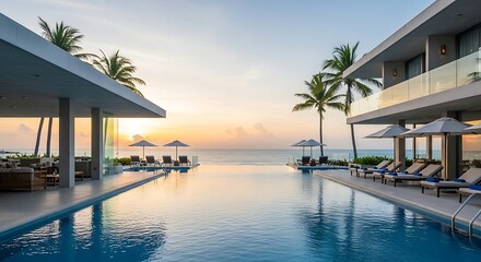 Serene infinity pool at a tropical resort during a beautiful golden hour sunset