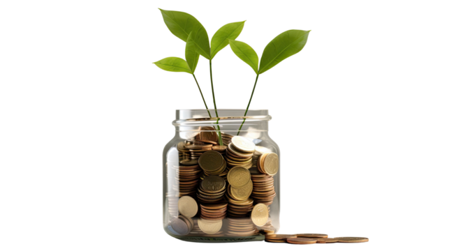 Glass jar filled with coins and green plant sprouting symbolizing savings investment and financial growth isolated on white background - Powered by Adobe