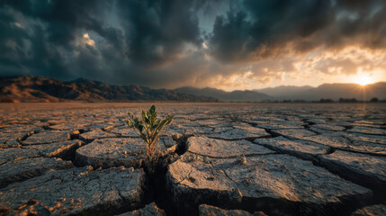 Fototapeta premium Resilient plant emerging from dry cracked earth beneath a dramatic sky