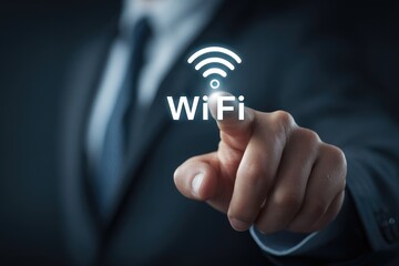 Businessman's finger touches a glowing Wi-Fi icon (1)