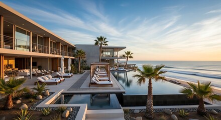 Sunset view of a luxury resort infinity pool with lounge chairs and cabana