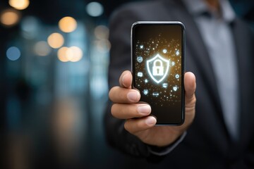 Person holding phone with security icon overlay