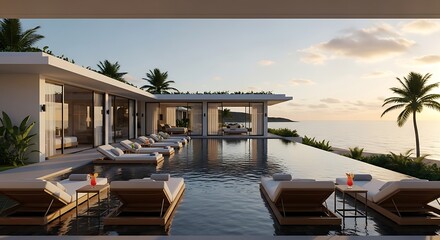 Luxury villa with infinity pool overlooking the ocean at sunset