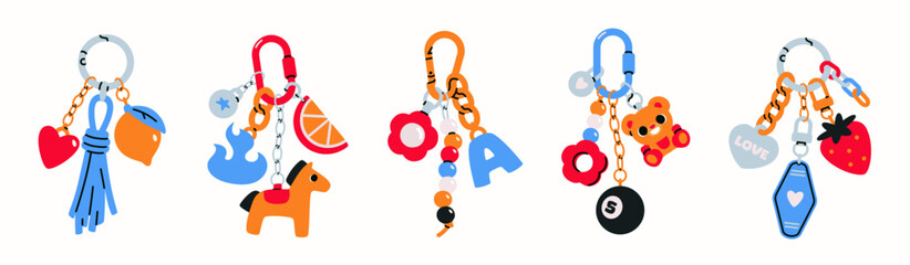 Set of cute keychains. Carabiners decorated with various accessories, hanging charms and trinkets. Holder with toys and items. Flat vector illustration collection isolated on background