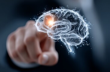 Businessman interacting with virtual digital brain and futuristic connection technology on blue background, AI concept for business data analysis and marketing strategy