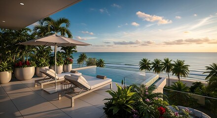 Luxury beachfront villa with infinity pool and ocean view at sunset