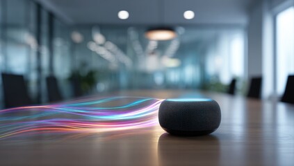 Modern smart speaker on a conference room table with colorful audio waves